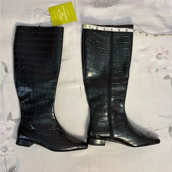 NEW Gianni Bini Black Leather Pointy Toe Croc Emboss Low Heel Knee High Boots 6- - Picture 6 of 14